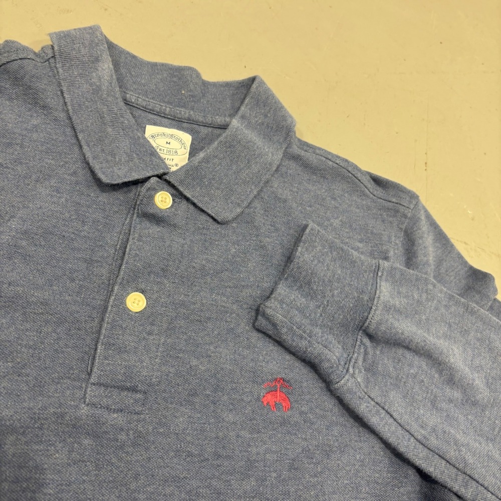 Brooks Brothers Mens Blue Supima Cotton Long Sleeve Polo Shirt Slim Fit Medium